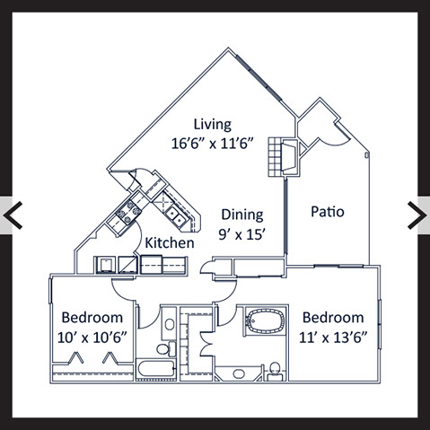 2 Bedroom 2 Bath 1,075 SF